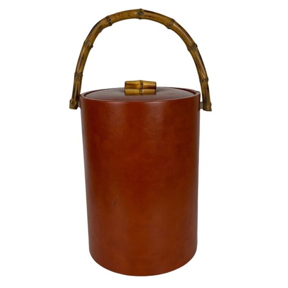 Vintage Vinyl Tropical Wood Handle Ice Bucket With Lid Barware Tiki Man Cave - Picture 1 of 9